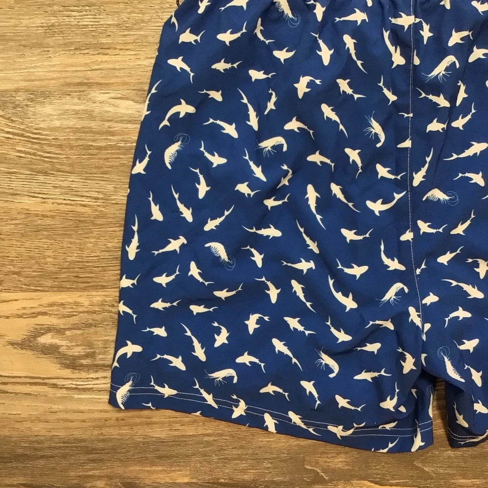 SHEIN Blue and White Shark Print Swim Trunks Built In Boxer Brief Medium